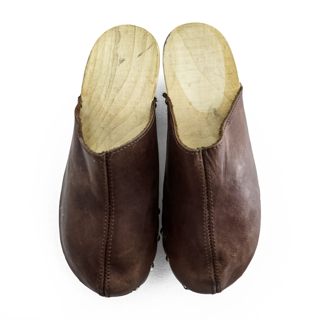 Leather Studded Clog Mules イタリア製 サボ サンダル 23cm ブラウン レザー ウッドソール スタッズ