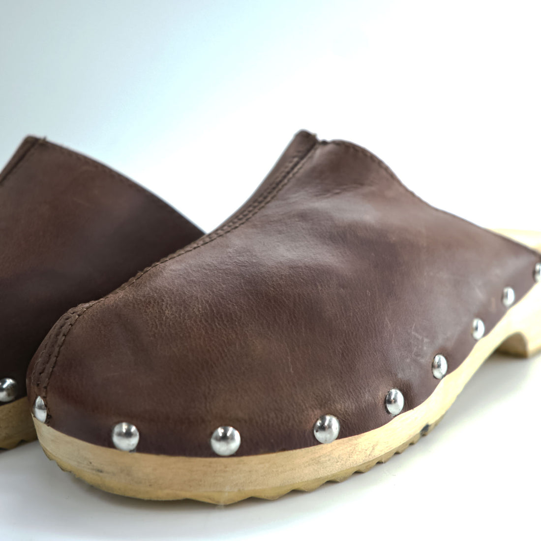 Leather Studded Clog Mules イタリア製 サボ サンダル 23cm ブラウン レザー ウッドソール スタッズ