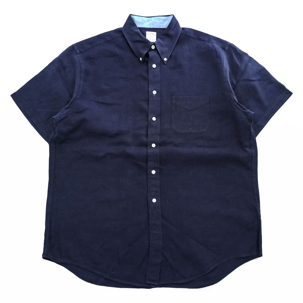 Brooks Brothers 346  半袖リネンシャツ L ネイビー 麻100% ボタンダウン