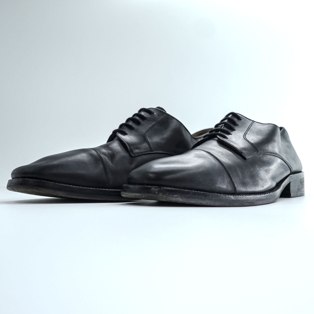 CLERGET CHAUSSURES Black Leather Cap Toe Derby Oxford Dress Shoes Square Toe Leather Sole US Size 8
