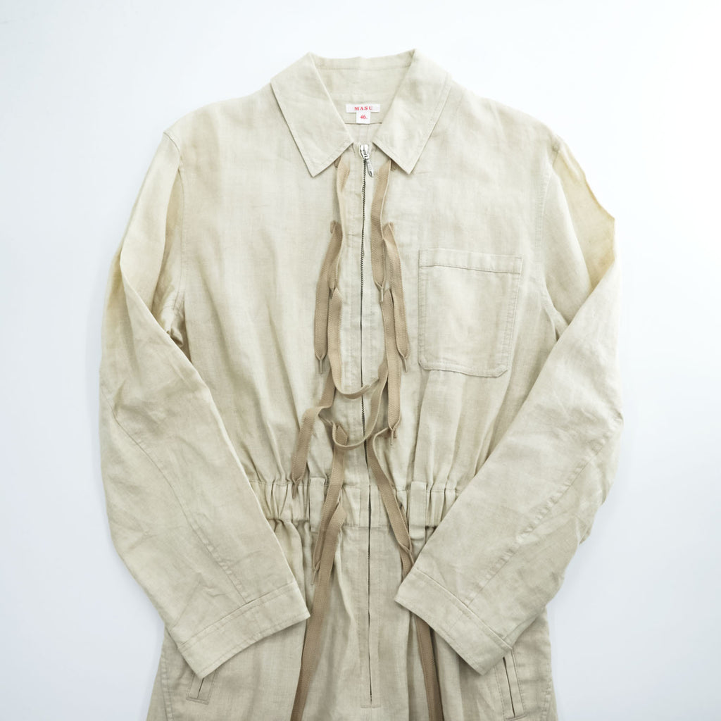 MASU オールインワン スリーピング ジャンプスーツ M ベージュ 麻100% SLEEPING JUMP SUITS ウエスト ドローストリング リネン ツナギ MFSS-AO0121