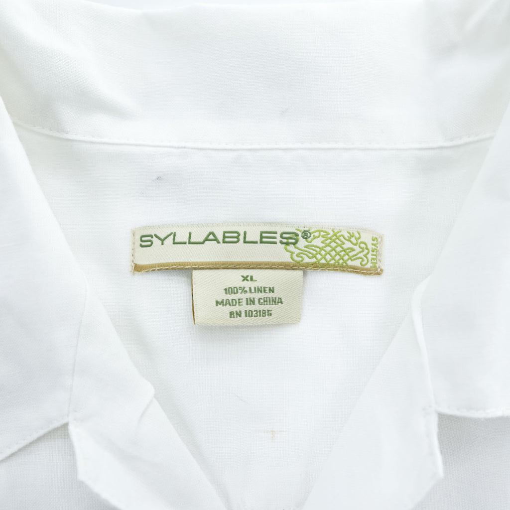SYLLABLES グアヤベラ 半袖シャツ キューバシャツ XL ホワイト 麻100% 刺繍 ピンタック プリーツ SYLLABLES オープンカラー 開襟 ボックスシルエット 未使用品