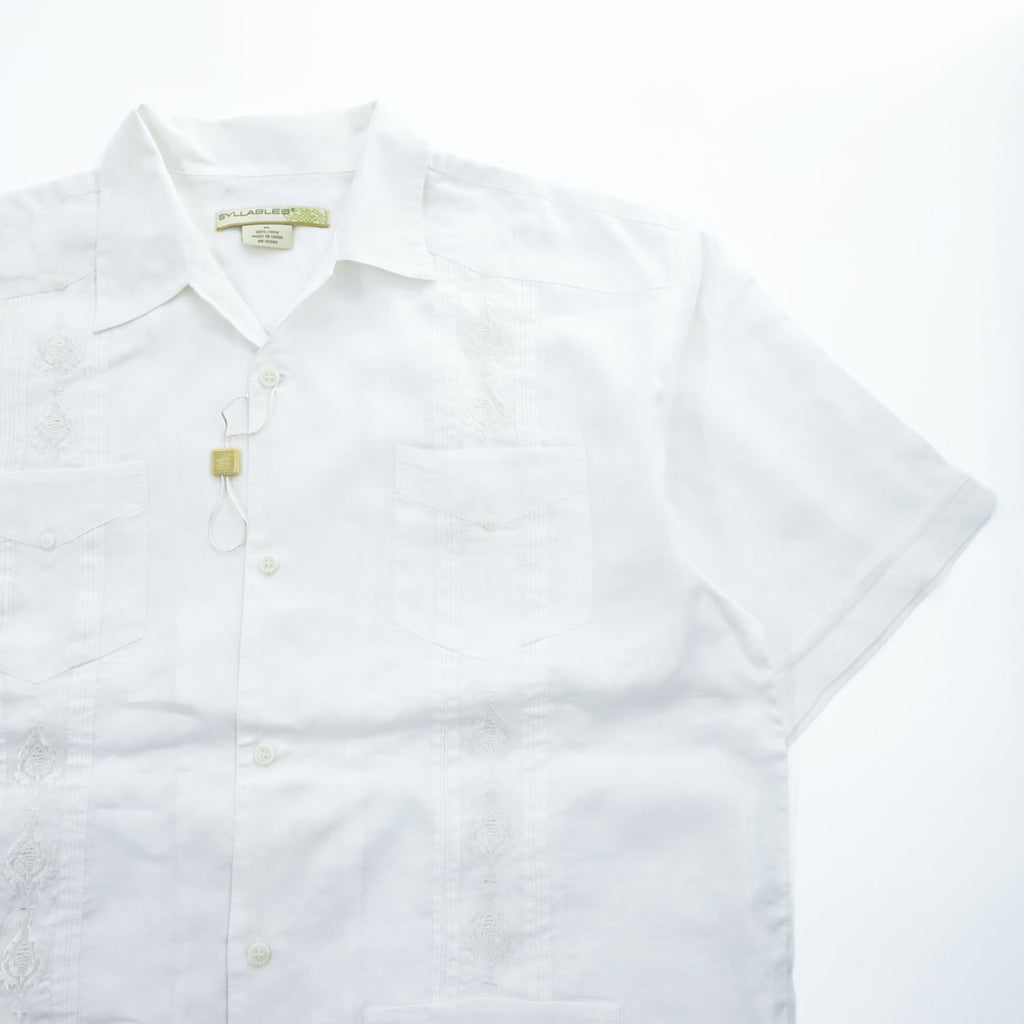 SYLLABLES グアヤベラ 半袖シャツ キューバシャツ XL ホワイト 麻100% 刺繍 ピンタック プリーツ SYLLABLES オープンカラー 開襟 ボックスシルエット 未使用品