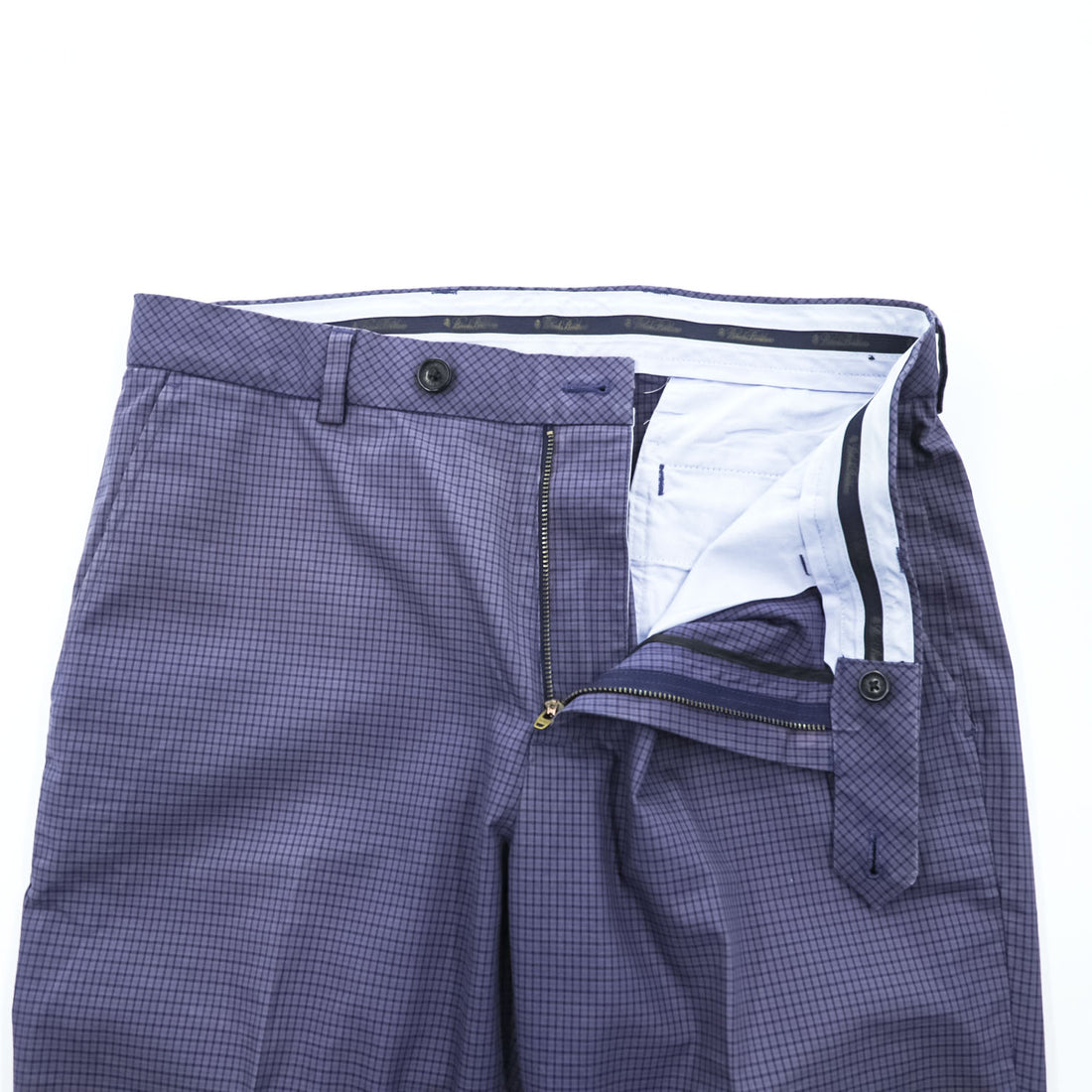 Brooks Brothers センタープレス ストレッチ スラックス パンツ L ネイビー チェック ダブルカフス MILANO