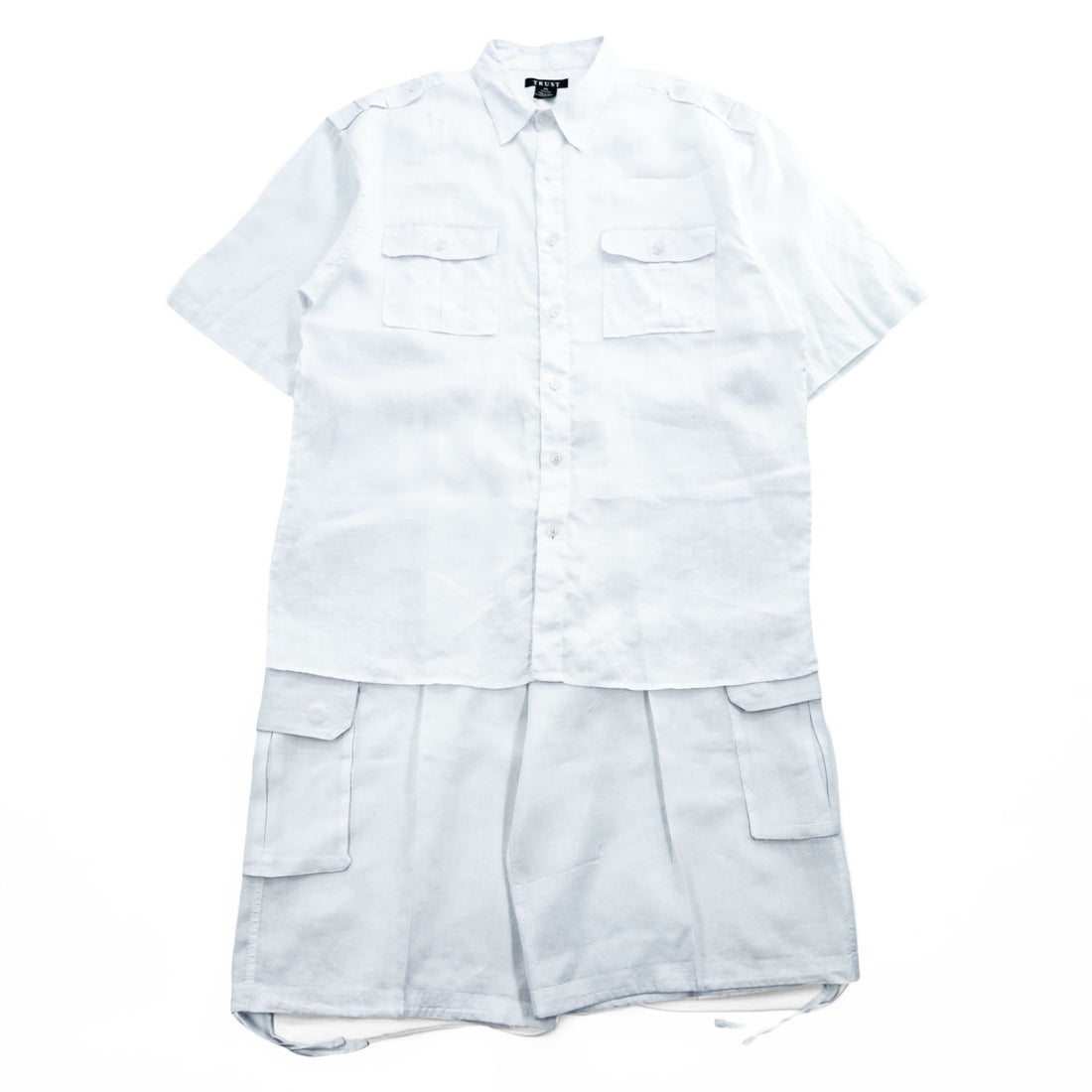 TRUST 100% Linen White Short Sleeve Shirt & Cargo-Style Bottom Set Epaulets Flap Pockets Top 2XL / Bottom 46