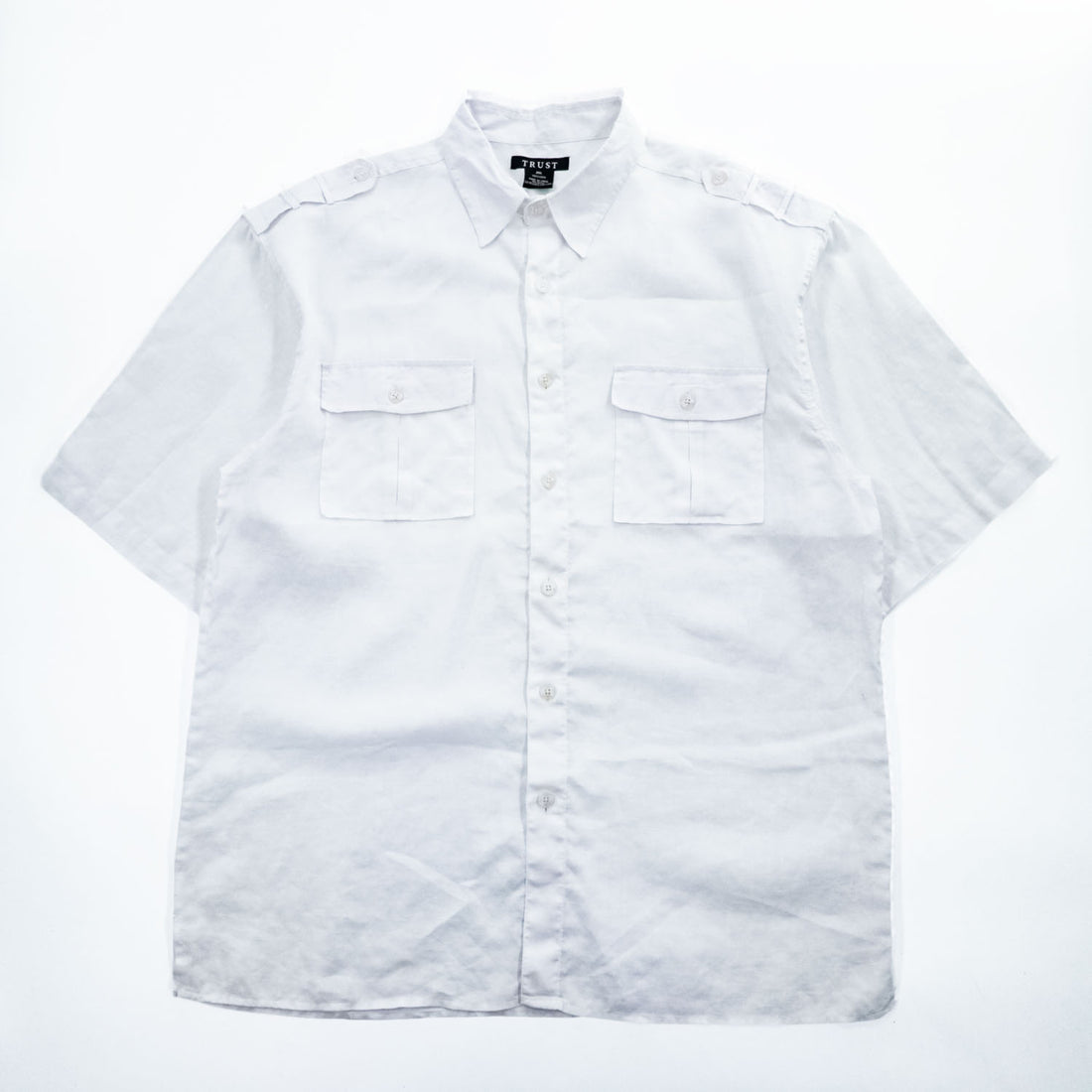 TRUST 100% Linen White Short Sleeve Shirt & Cargo-Style Bottom Set Epaulets Flap Pockets Top 2XL / Bottom 46