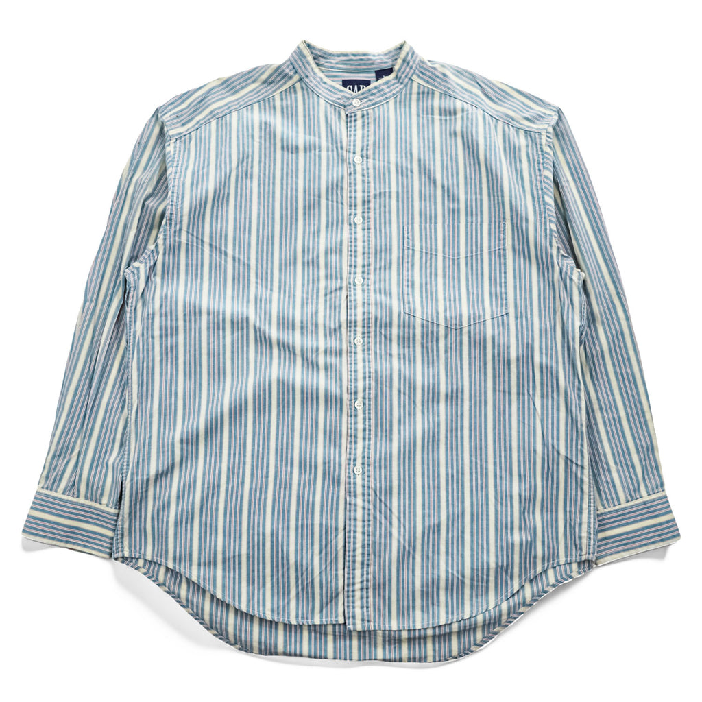 GAP 90年代 オールドギャップ ヴィンテージ カナダ製 バンドカラーシャツ 長袖ストライプシャツ L サックスブルー 胸ポケット