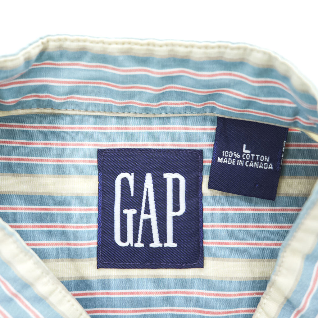 GAP 90年代 オールドギャップ ヴィンテージ カナダ製 バンドカラーシャツ 長袖ストライプシャツ L サックスブルー 胸ポケット