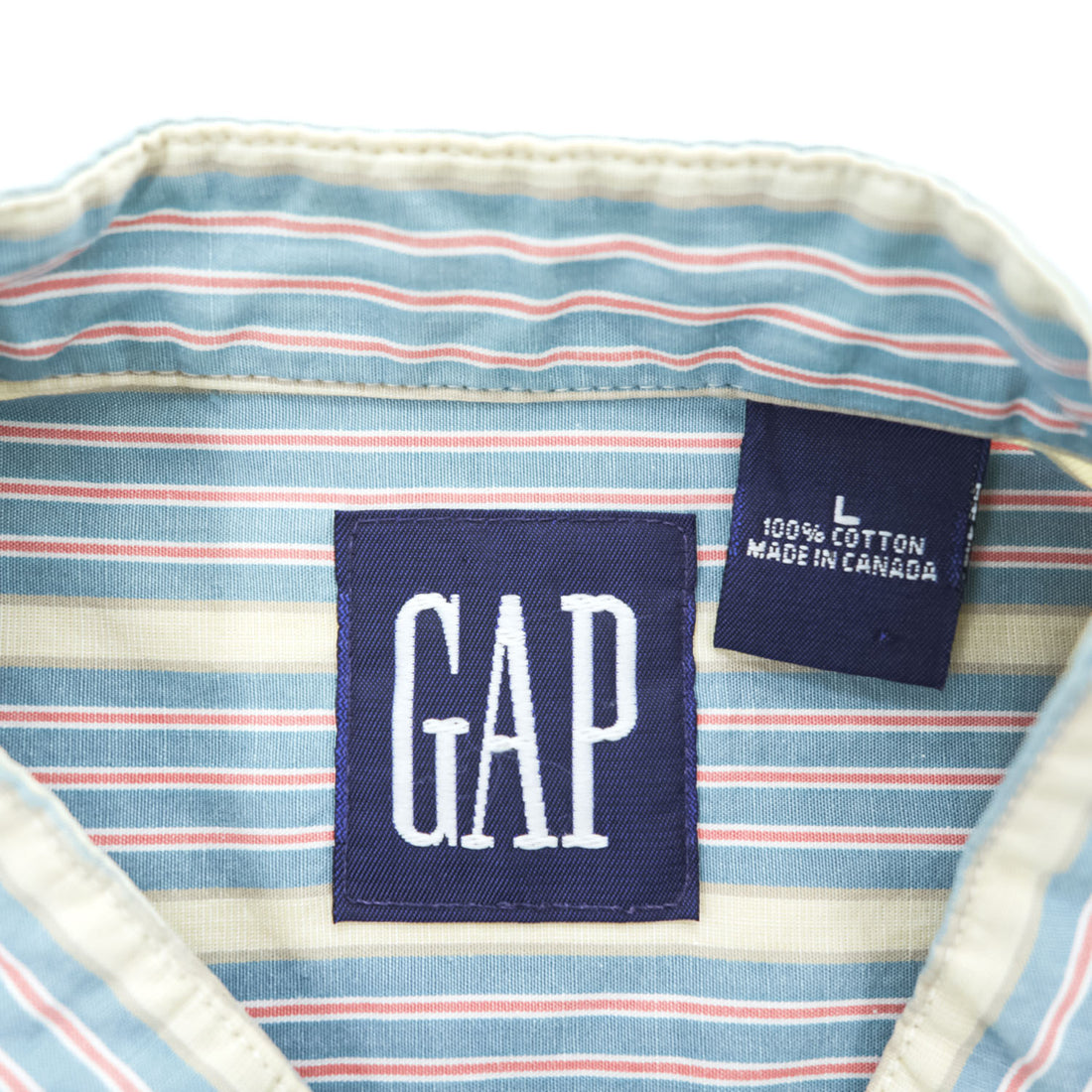 GAP 90年代 オールドギャップ ヴィンテージ カナダ製 バンドカラーシャツ 長袖ストライプシャツ L サックスブルー 胸ポケット