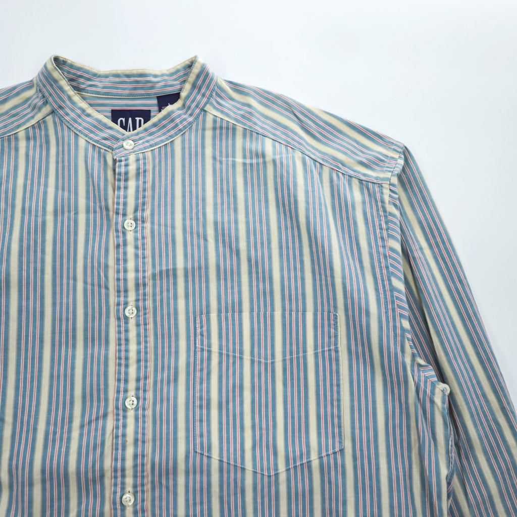 GAP 90年代 オールドギャップ ヴィンテージ カナダ製 バンドカラーシャツ 長袖ストライプシャツ L サックスブルー 胸ポケット