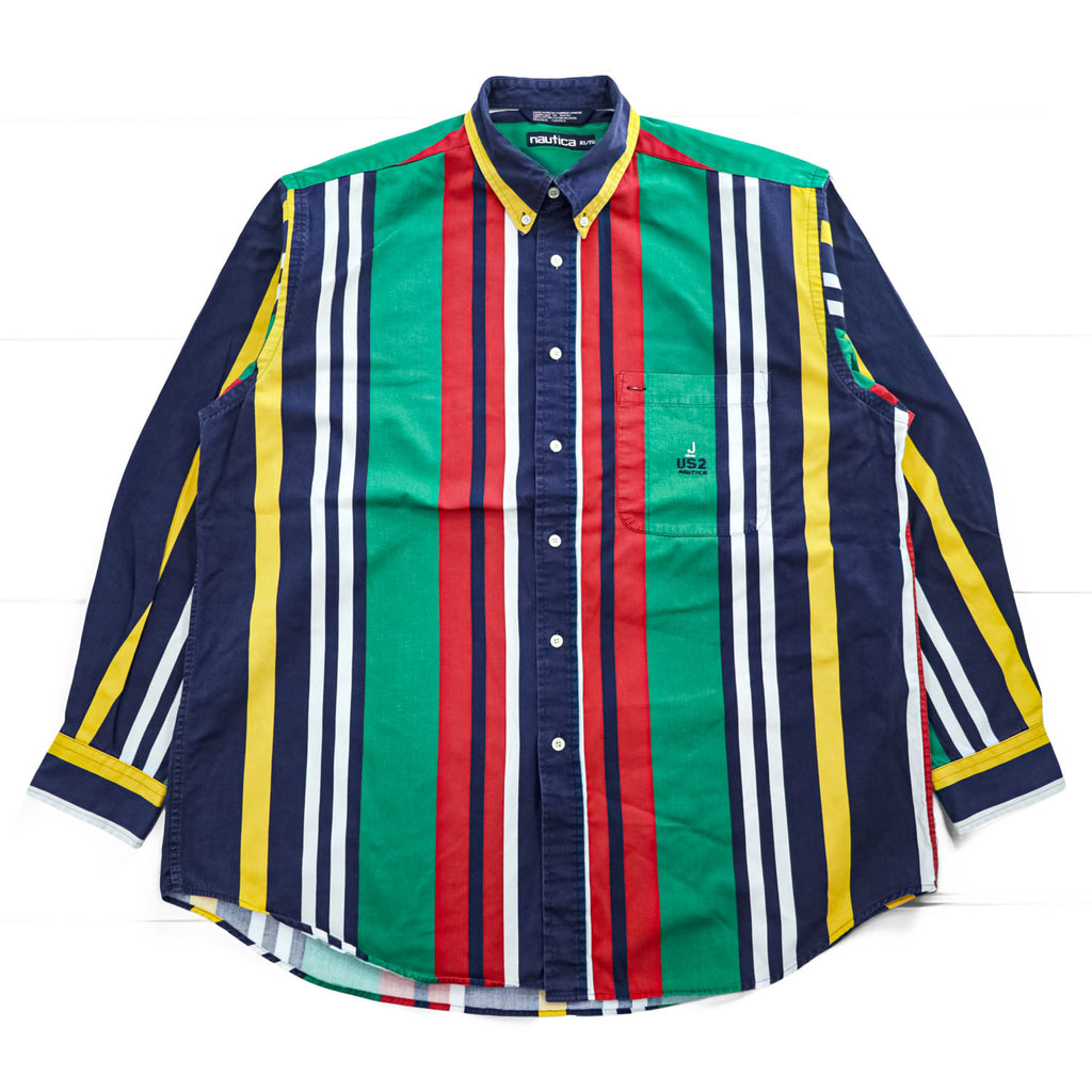 NAUTICA 90年代 ヴィンテージ 長袖 マルチストライプ シャツ XL ボタンダウン マルチストライプ ビッグサイズ