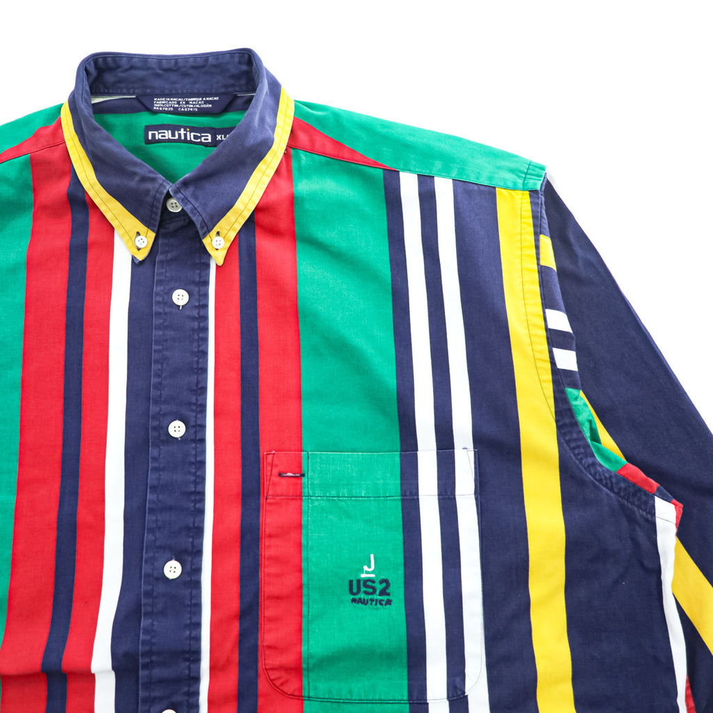 NAUTICA 90年代 ヴィンテージ 長袖 マルチストライプ シャツ XL ボタンダウン マルチストライプ ビッグサイズ