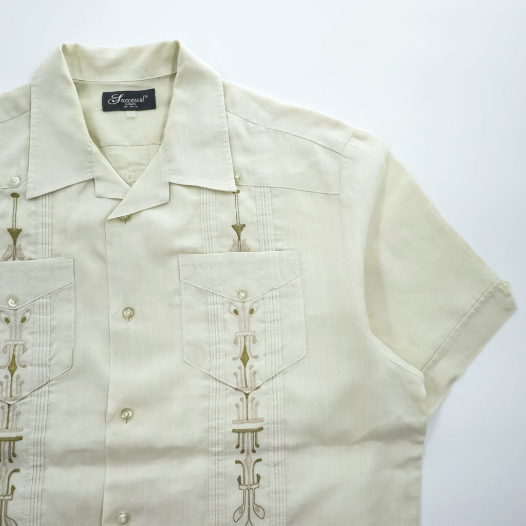 Successo UOMO キューバシャツ リネン 半袖シャツ XL ベージュ 刺繍 ピンタック 4ポケット オープンカラー 開襟 ボックスシルエット グアヤベラ