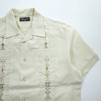 Successo UOMO キューバシャツ リネン 半袖シャツ XL ベージュ 刺繍 ピンタック 4ポケット オープンカラー 開襟 ボックスシルエット グアヤベラ