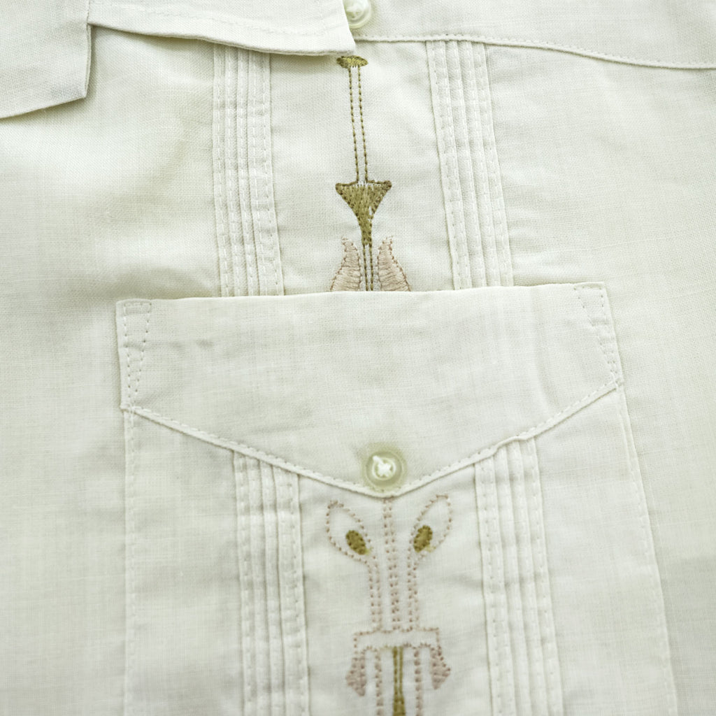 Successo UOMO キューバシャツ リネン 半袖シャツ XL ベージュ 刺繍 ピンタック 4ポケット オープンカラー 開襟 ボックスシルエット グアヤベラ