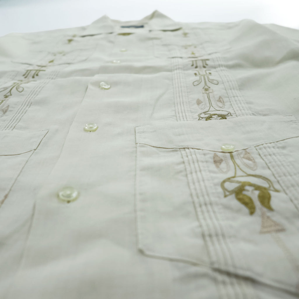 Successo UOMO キューバシャツ リネン 半袖シャツ XL ベージュ 刺繍 ピンタック 4ポケット オープンカラー 開襟 ボックスシルエット グアヤベラ