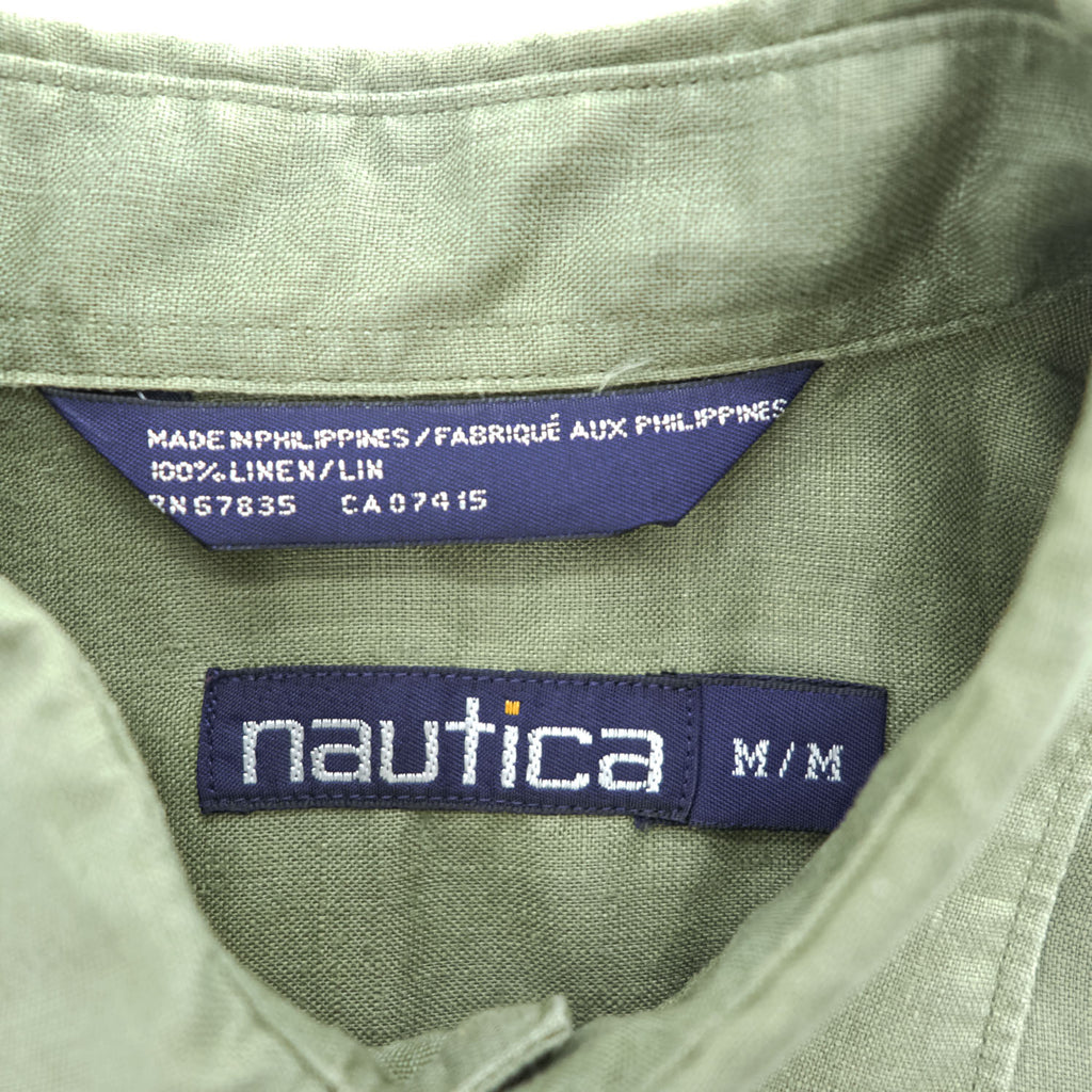 NAUTICA 90年代 ヴィンテージ 半袖 リネンシャツ M カーキ グリーン 麻100% 胸ポケット