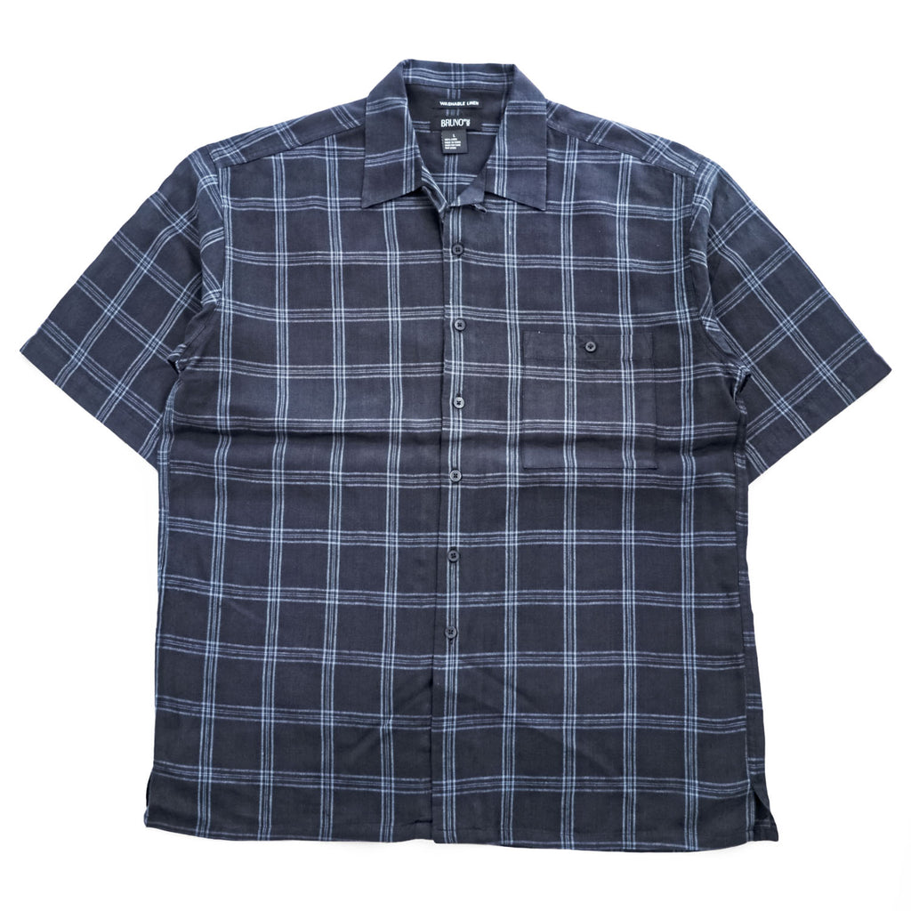 BRUNO リネン 半袖 オープンカラー チェックシャツ L ネイビー ブルー 麻100% WASHABLE LINEN 開襟 ボックスシルエット