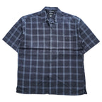 BRUNO リネン 半袖 オープンカラー チェックシャツ L ネイビー ブルー 麻100% WASHABLE LINEN 開襟 ボックスシルエット