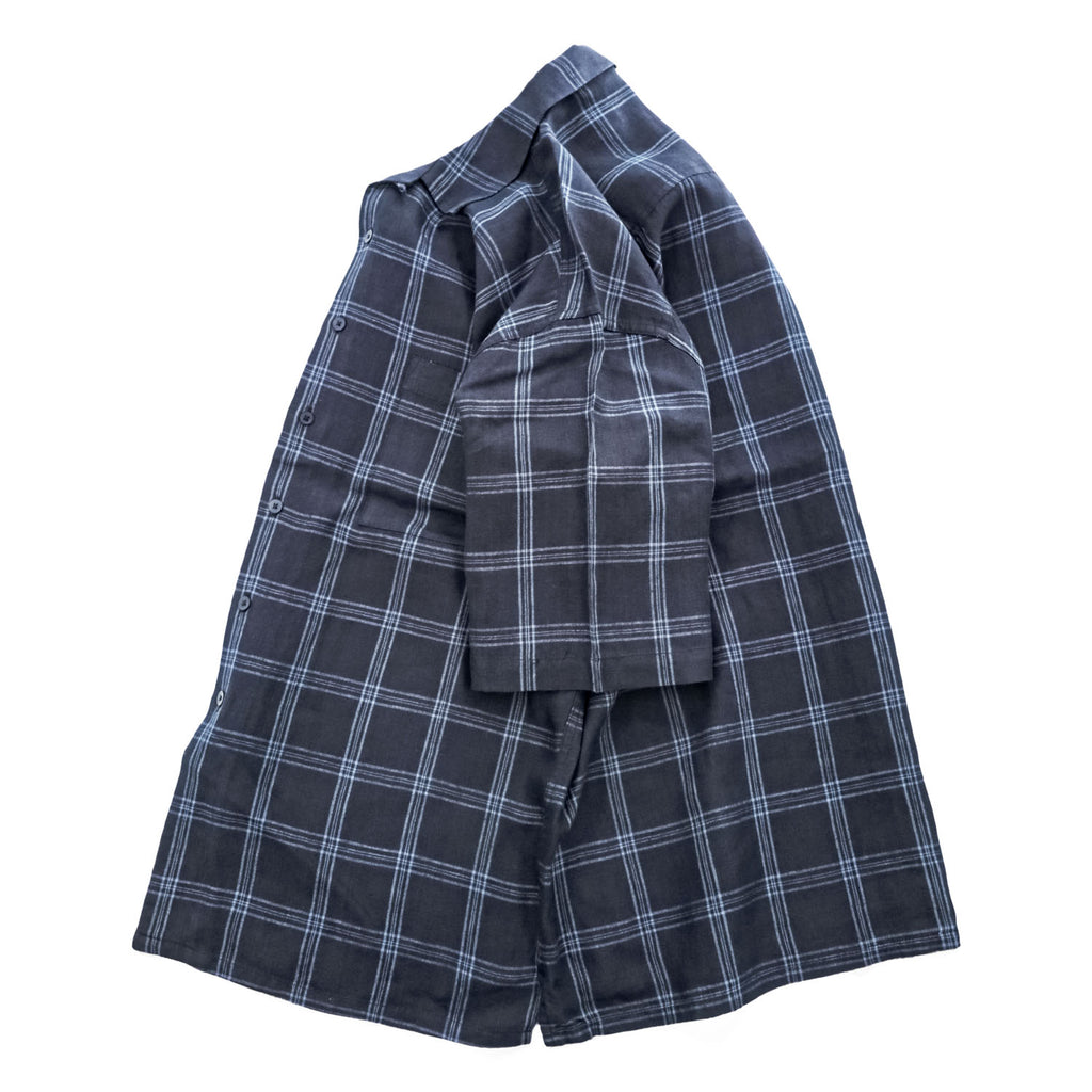 BRUNO リネン 半袖 オープンカラー チェックシャツ L ネイビー ブルー 麻100% WASHABLE LINEN 開襟 ボックスシルエット