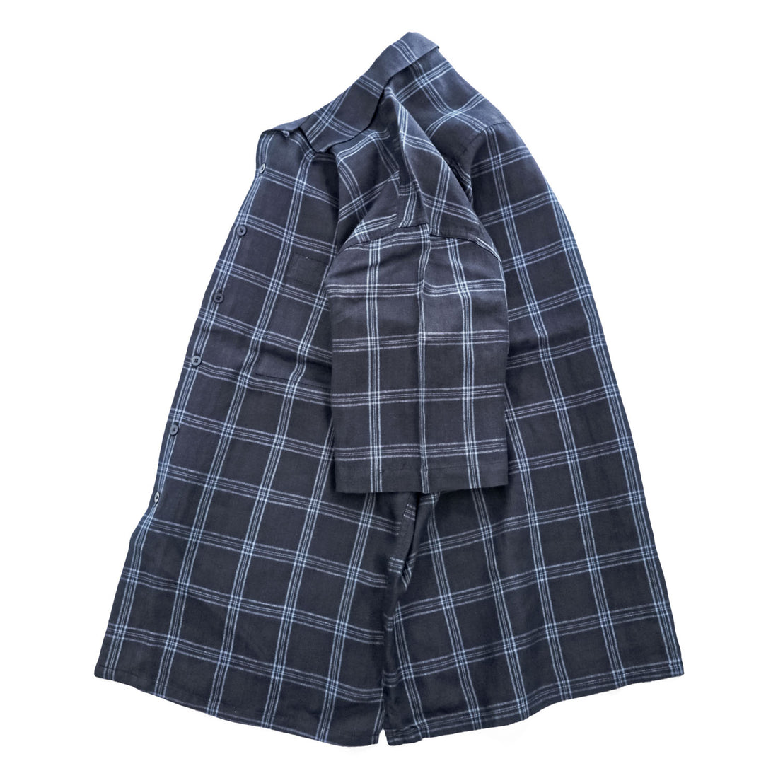 BRUNO リネン 半袖 オープンカラー チェックシャツ L ネイビー ブルー 麻100% WASHABLE LINEN 開襟 ボックスシルエット