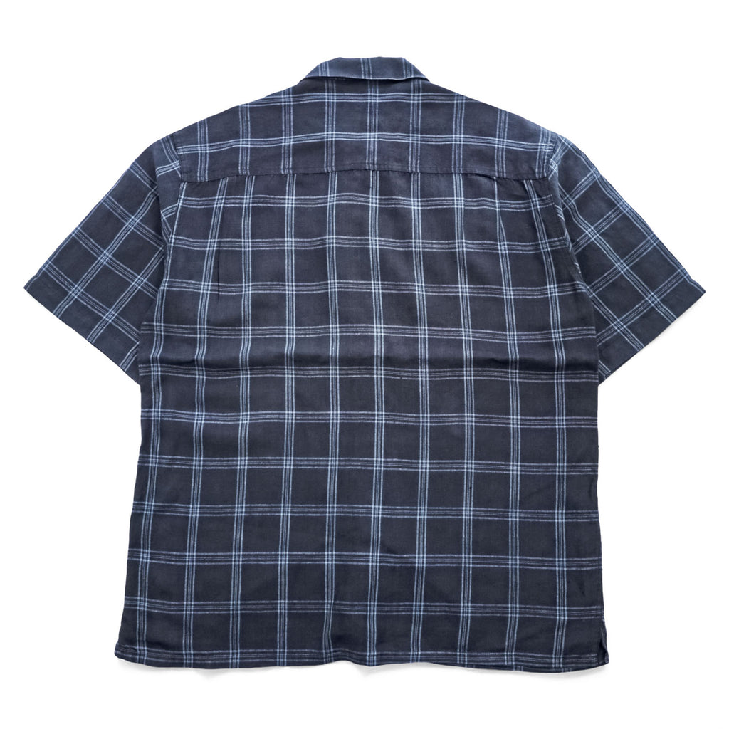 BRUNO リネン 半袖 オープンカラー チェックシャツ L ネイビー ブルー 麻100% WASHABLE LINEN 開襟 ボックスシルエット