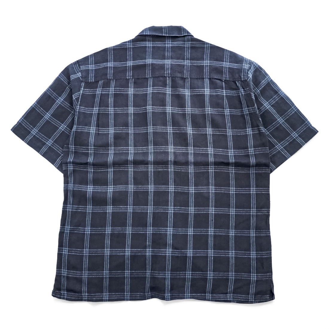 BRUNO リネン 半袖 オープンカラー チェックシャツ L ネイビー ブルー 麻100% WASHABLE LINEN 開襟 ボックスシルエット