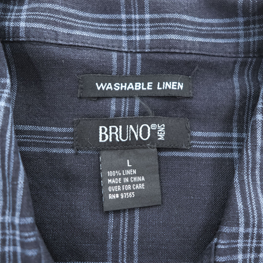 BRUNO リネン 半袖 オープンカラー チェックシャツ L ネイビー ブルー 麻100% WASHABLE LINEN 開襟 ボックスシルエット