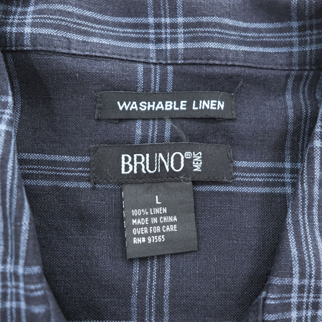 BRUNO リネン 半袖 オープンカラー チェックシャツ L ネイビー ブルー 麻100% WASHABLE LINEN 開襟 ボックスシルエット