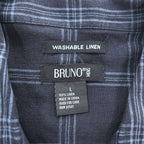 BRUNO リネン 半袖 オープンカラー チェックシャツ L ネイビー ブルー 麻100% WASHABLE LINEN 開襟 ボックスシルエット