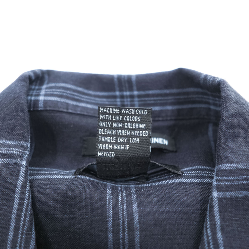 BRUNO リネン 半袖 オープンカラー チェックシャツ L ネイビー ブルー 麻100% WASHABLE LINEN 開襟 ボックスシルエット
