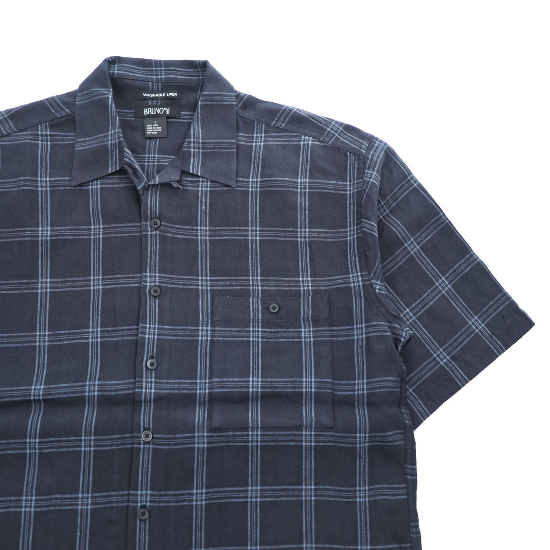BRUNO リネン 半袖 オープンカラー チェックシャツ L ネイビー ブルー 麻100% WASHABLE LINEN 開襟 ボックスシルエット