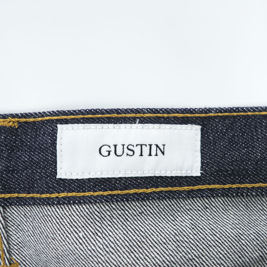 GUSTIN セルヴィッヂ リジッドデニムパンツ USA製 ジーンズ L ノンウォッシュ 濃紺 レザーパッチ ボタンフライ