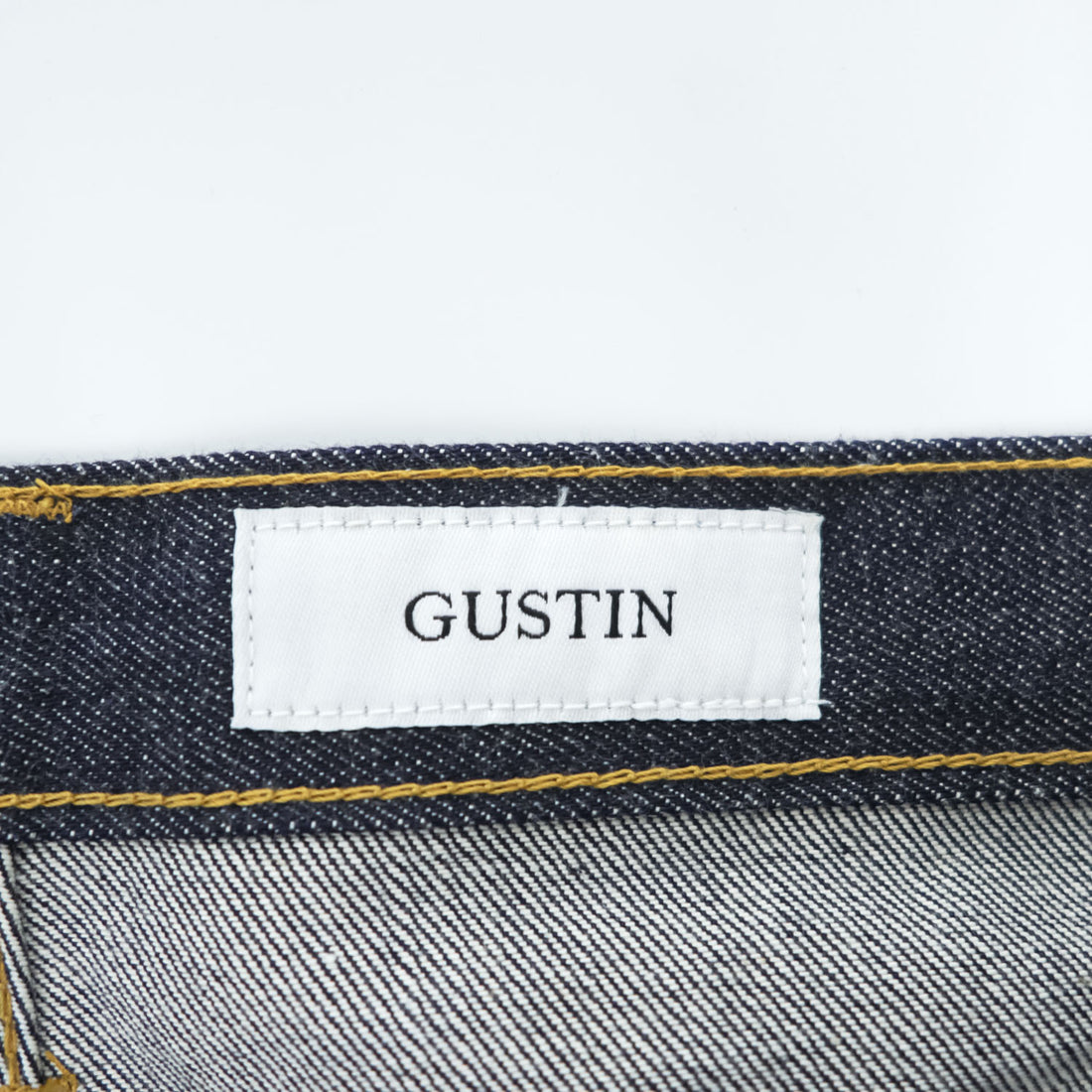 GUSTIN セルヴィッヂ リジッドデニムパンツ USA製 ジーンズ L ノンウォッシュ 濃紺 レザーパッチ ボタンフライ