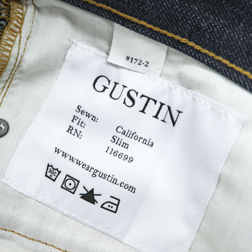 GUSTIN セルヴィッヂ リジッドデニムパンツ USA製 ジーンズ L ノンウォッシュ 濃紺 レザーパッチ ボタンフライ