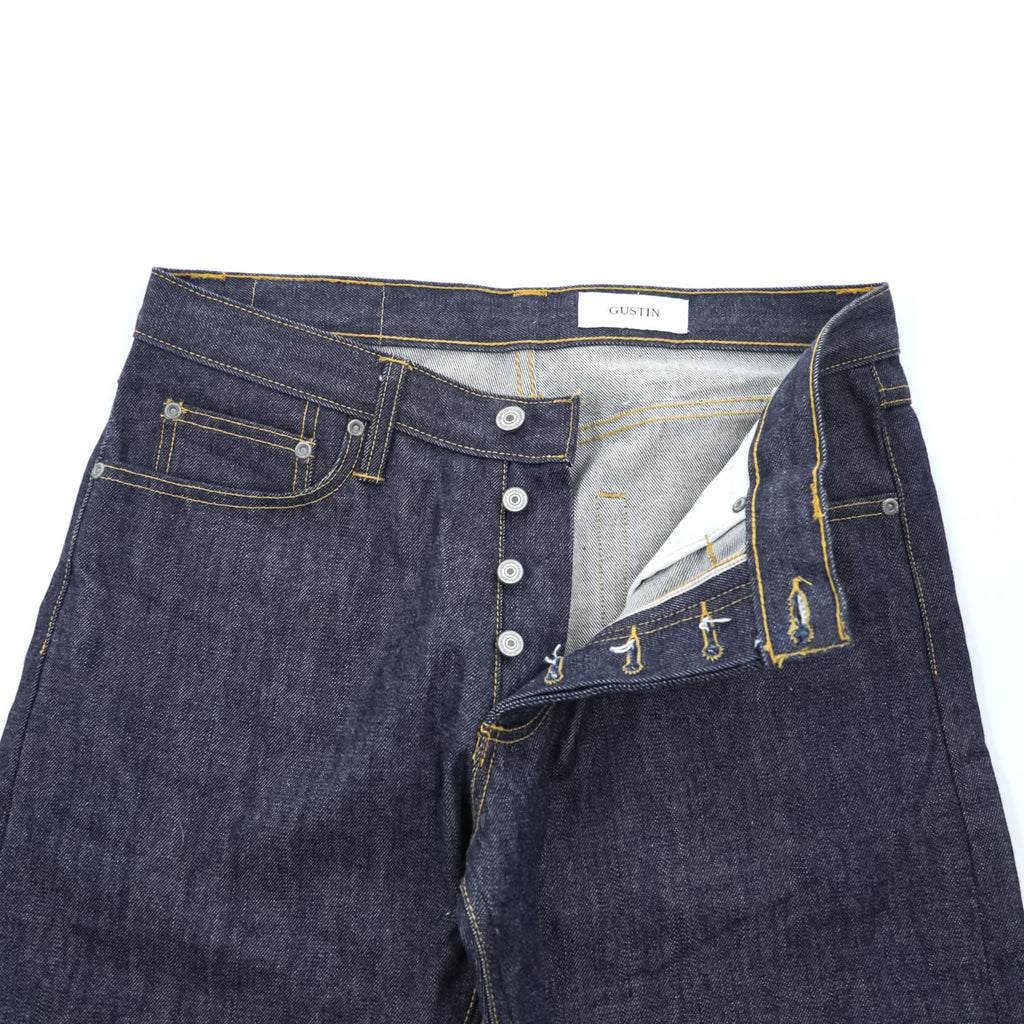 GUSTIN セルヴィッヂ リジッドデニムパンツ USA製 ジーンズ L ノンウォッシュ 濃紺 レザーパッチ ボタンフライ