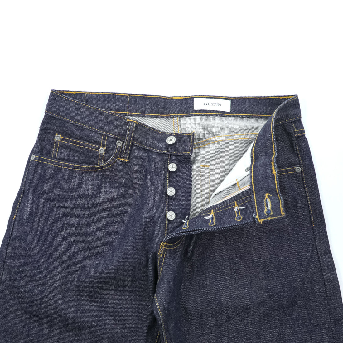 GUSTIN セルヴィッヂ リジッドデニムパンツ USA製 ジーンズ L ノンウォッシュ 濃紺 レザーパッチ ボタンフライ