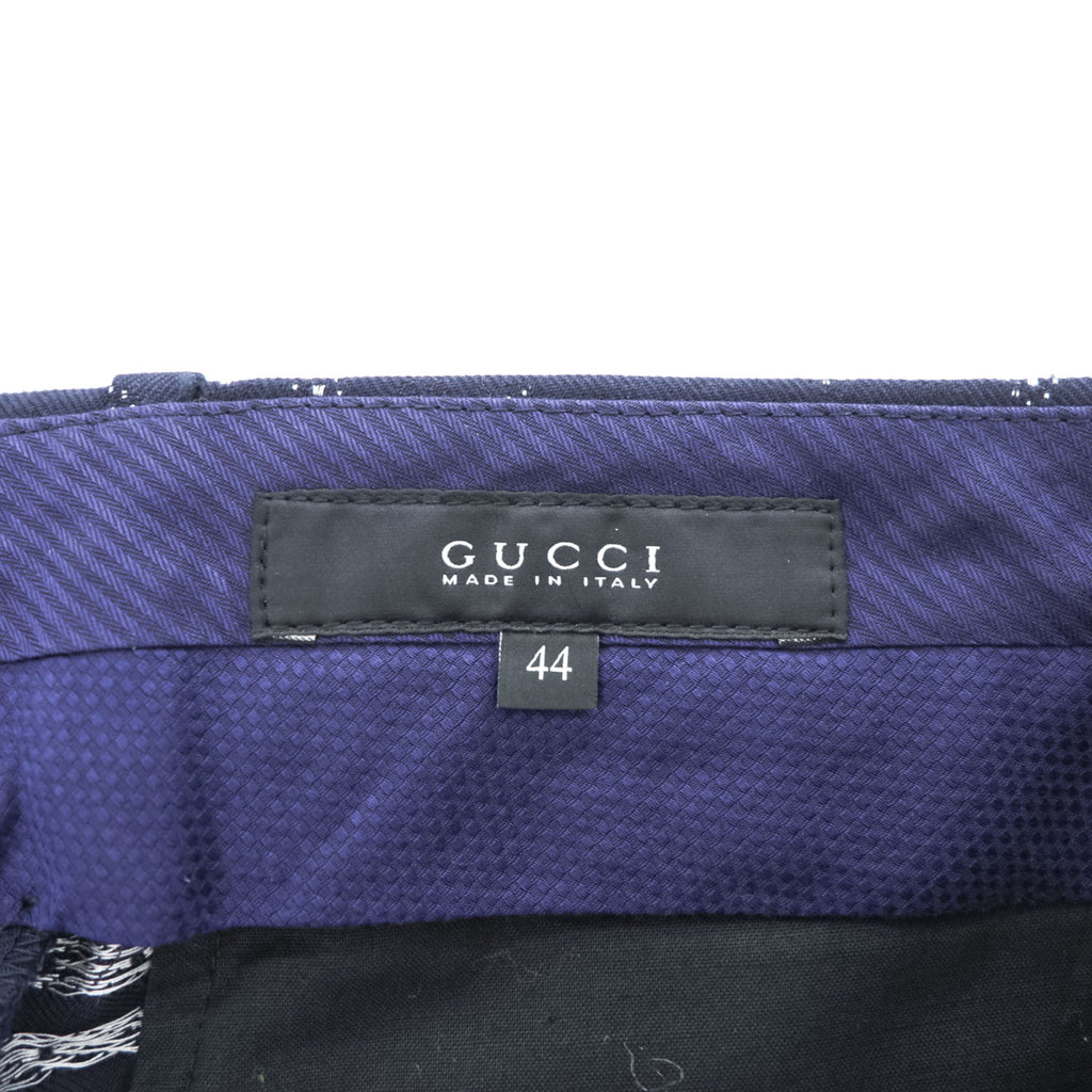 GUCCI イタリア製 スラックス ドレスパンツ L ネイビー 総柄 小紋 センタープレス 裾スリット