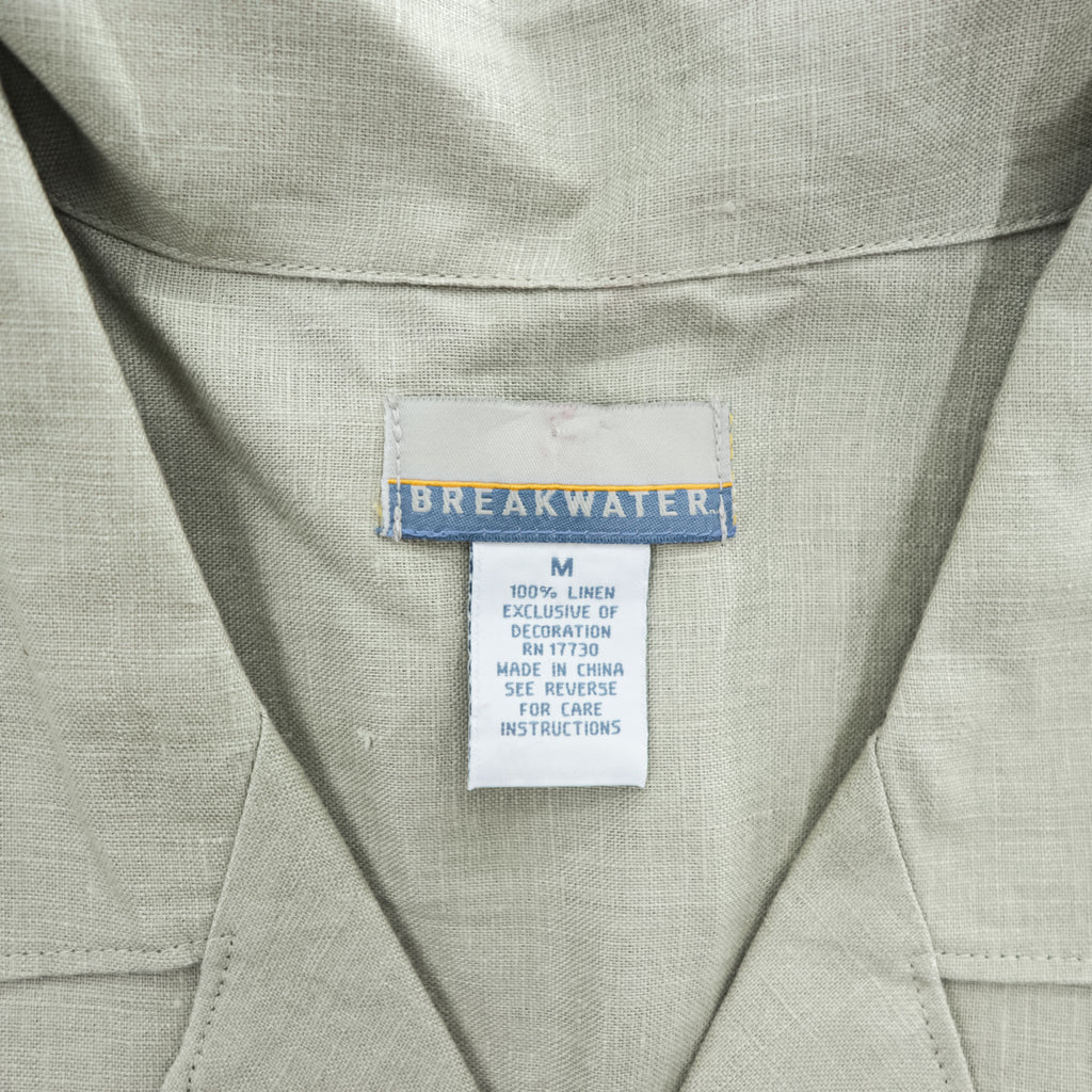 BREAKWATER 開襟 リネン 半袖シャツ M ベージュ 麻100% 刺繍 オープンカラー ボックスシルエット