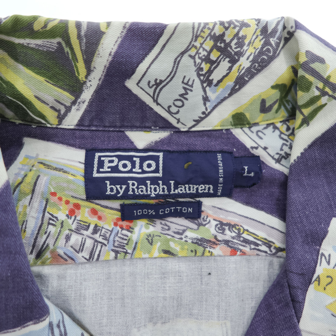 Polo Ralph Lauren 90年代 ヴィンテージ ポストカード アロハシャツ 半袖 オープンカラーシャツ L ネイビー 総柄 ボックスシルエット 開襟