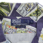 Polo Ralph Lauren 90年代 ヴィンテージ ポストカード アロハシャツ 半袖 オープンカラーシャツ L ネイビー 総柄 ボックスシルエット 開襟