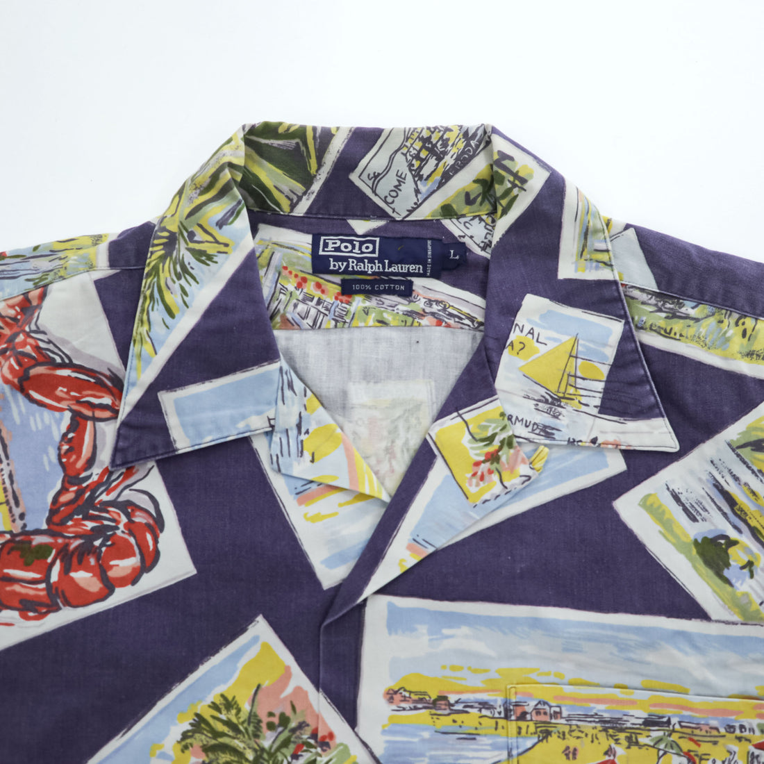 Polo Ralph Lauren 90年代 ヴィンテージ ポストカード アロハシャツ 半袖 オープンカラーシャツ L ネイビー 総柄 ボックスシルエット 開襟