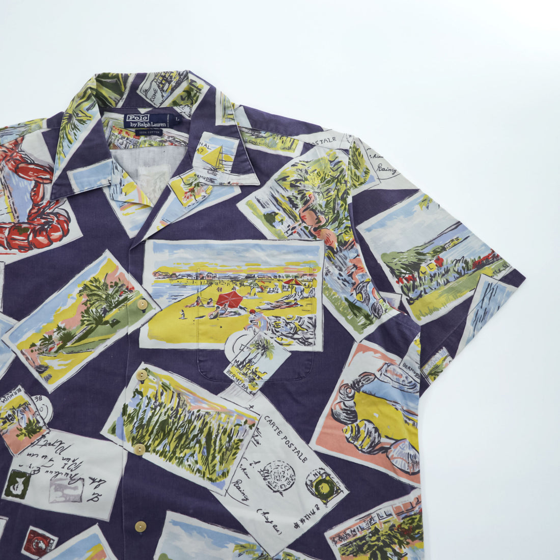 Polo Ralph Lauren 90年代 ヴィンテージ ポストカード アロハシャツ 半袖 オープンカラーシャツ L ネイビー 総柄 ボックスシルエット 開襟