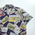 Polo Ralph Lauren 90年代 ヴィンテージ ポストカード アロハシャツ 半袖 オープンカラーシャツ L ネイビー 総柄 ボックスシルエット 開襟