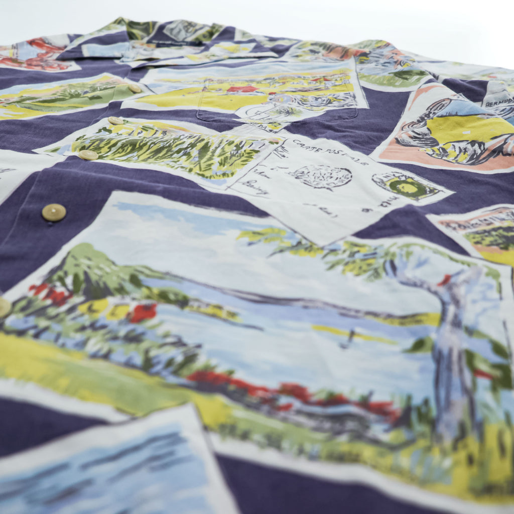 Polo Ralph Lauren 90年代 ヴィンテージ ポストカード アロハシャツ 半袖 オープンカラーシャツ L ネイビー 総柄 ボックスシルエット 開襟