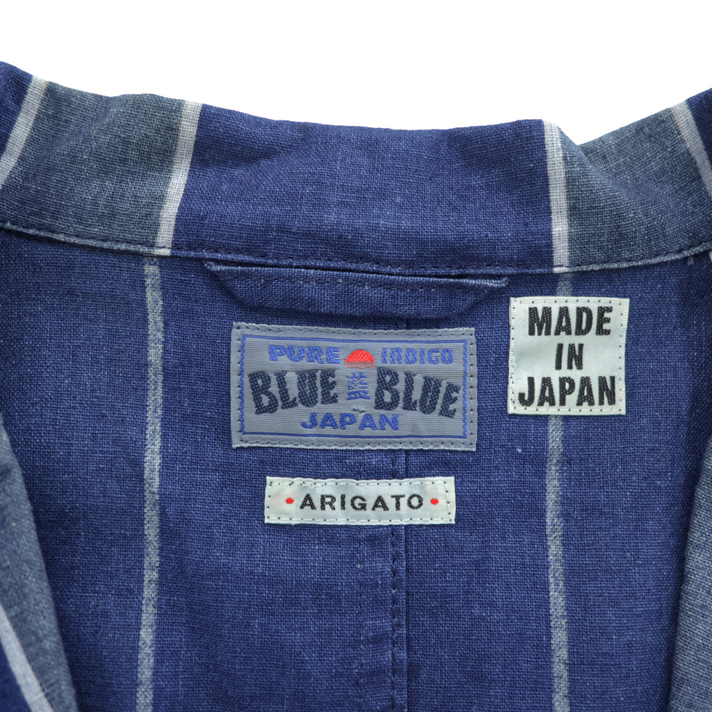 BLUE BLUE 日本製 リネン ショップコート M インディゴ ブルー 麻 メンアサキャンバストラッドストライプ  アトリエコート 700059-534