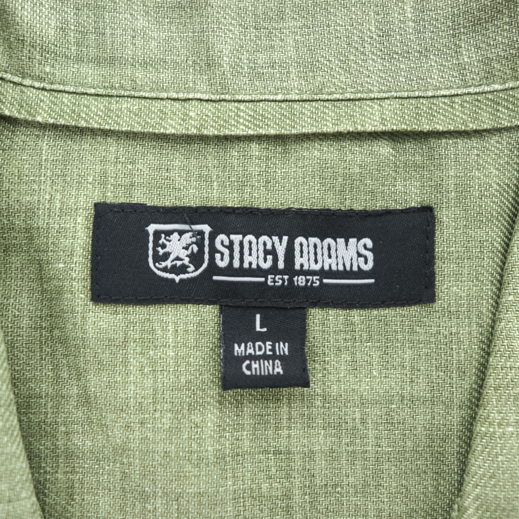 STACY ADAMS 半袖 リネン オープンカラーシャツ L カーキ グリーン 開襟 ステッチ