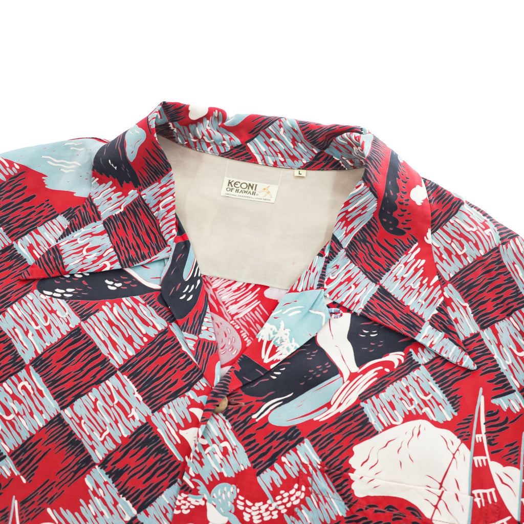 SUN SURF KEONI OF HAWAII 90年代 ヴィンテージ アロハシャツ 半袖 オープンカラーシャツ L ブルー レッド 総柄 開襟 JOHN MEIGS M32909