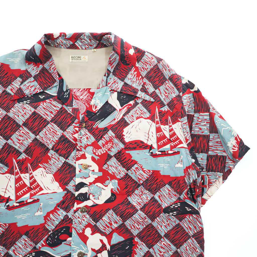 SUN SURF KEONI OF HAWAII 90年代 ヴィンテージ アロハシャツ 半袖 オープンカラーシャツ L ブルー レッド 総柄 開襟 JOHN MEIGS M32909