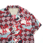 SUN SURF KEONI OF HAWAII 90年代 ヴィンテージ アロハシャツ 半袖 オープンカラーシャツ L ブルー レッド 総柄 開襟 JOHN MEIGS M32909